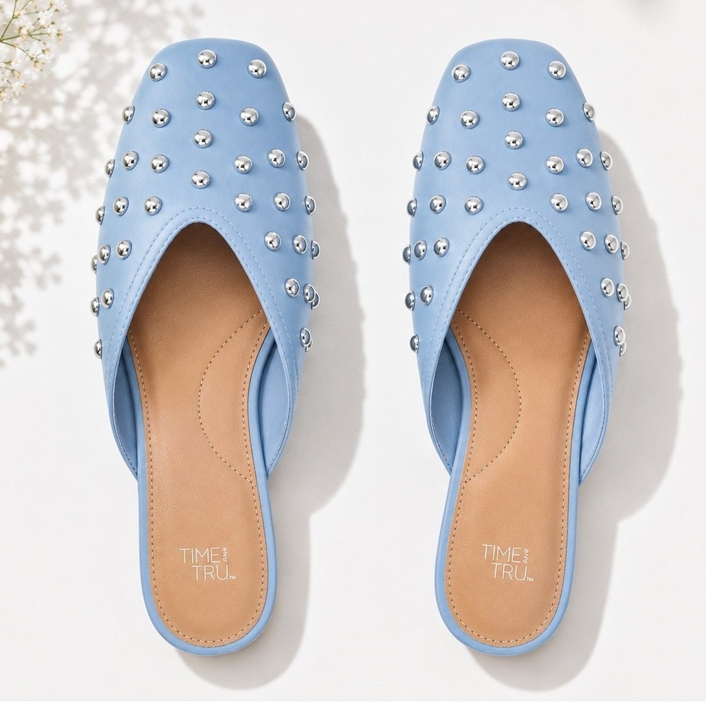 Blue Embellished Mule Flats Silver Dome Accents Size 8 New NWT